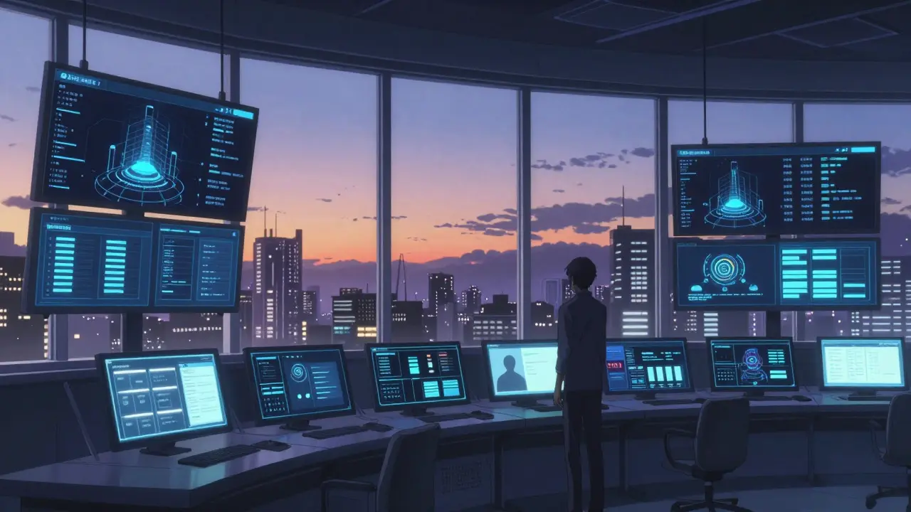 Salle de contrôle haute technologie surplombant une ville cyberpunk