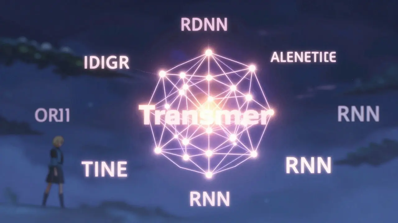 Structure lumineuse reliant des mots, illustrant le mécanisme d'attention des Transformers