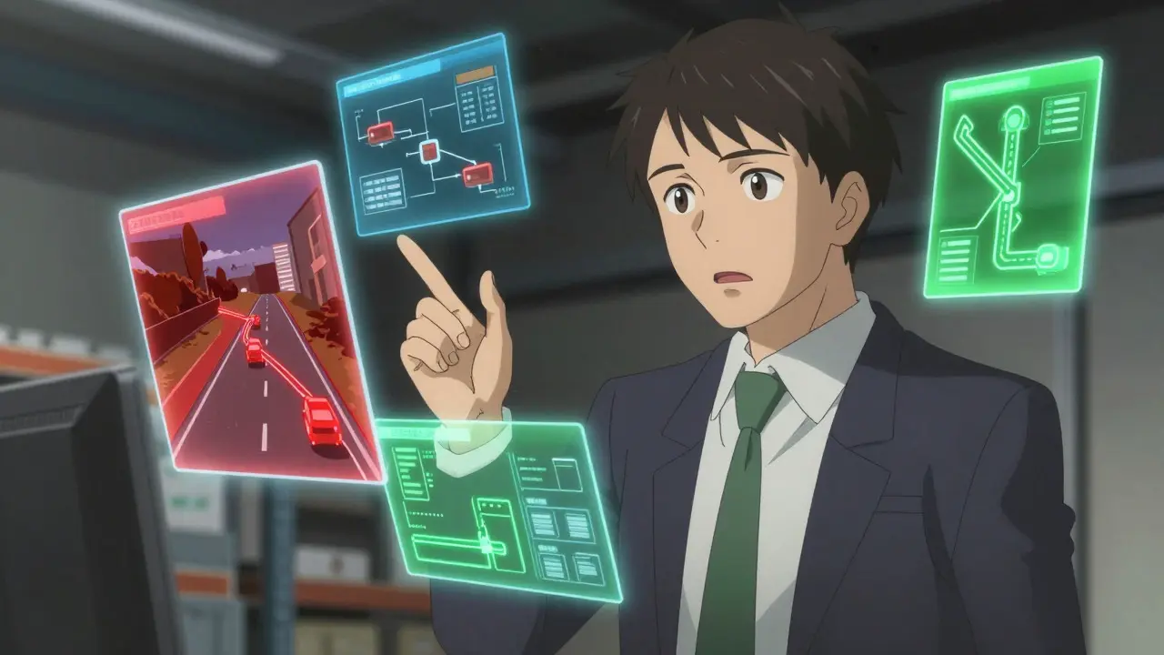 Un gestionnaire logistique anime analysant des scénarios de crise sur des écrans flottants.