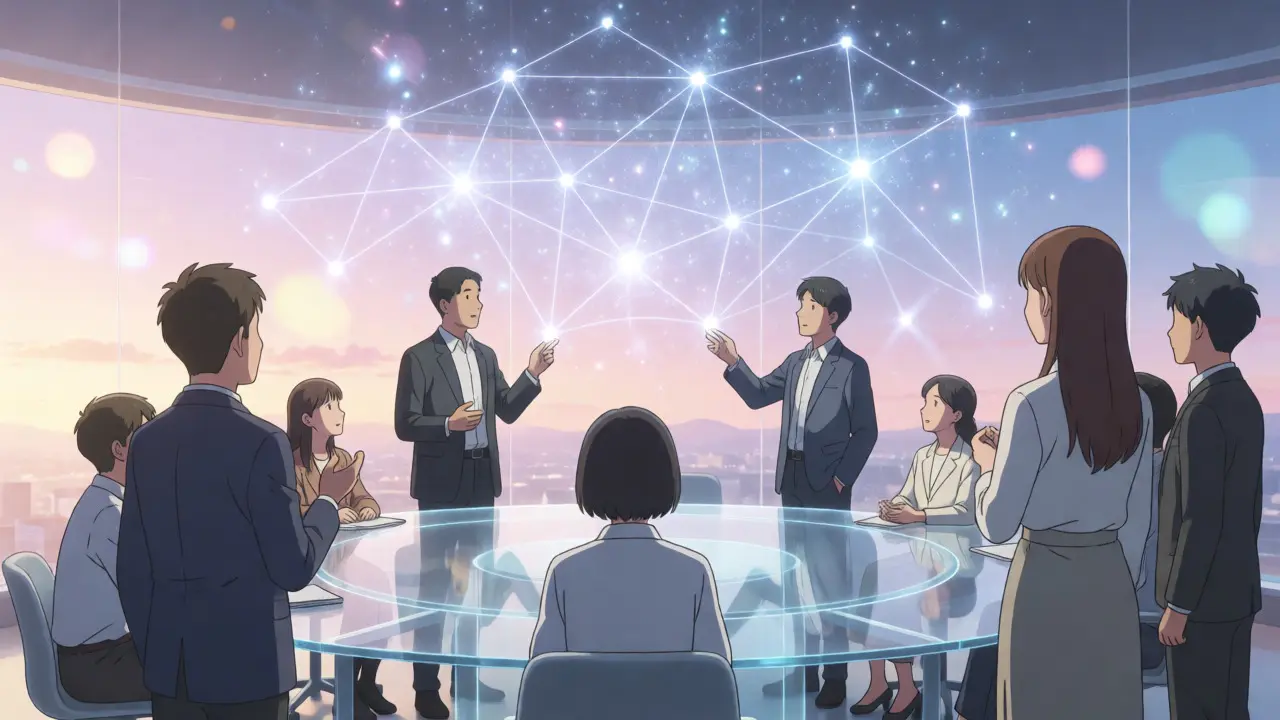 Une équipe collaborant autour d'une représentation lumineuse des dépenses IA.