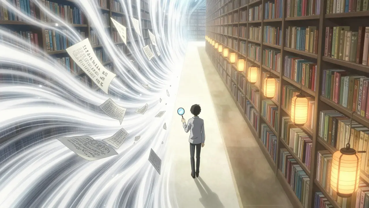 Une figure choisit le chemin analytique lent dans une bibliothèque lumineuse et conceptuelle