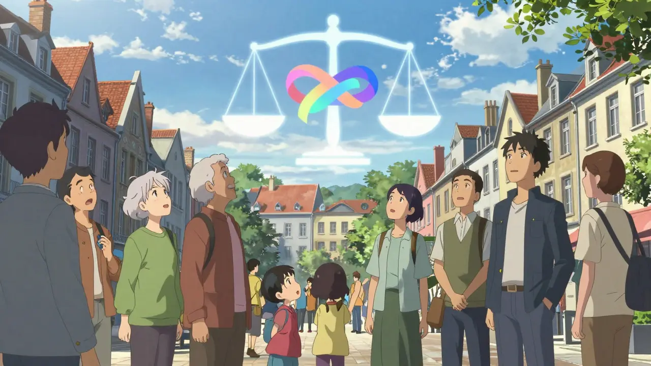 Une foule diversifiée regardant une projection symbolisant l'équité dans une place publique européenne.