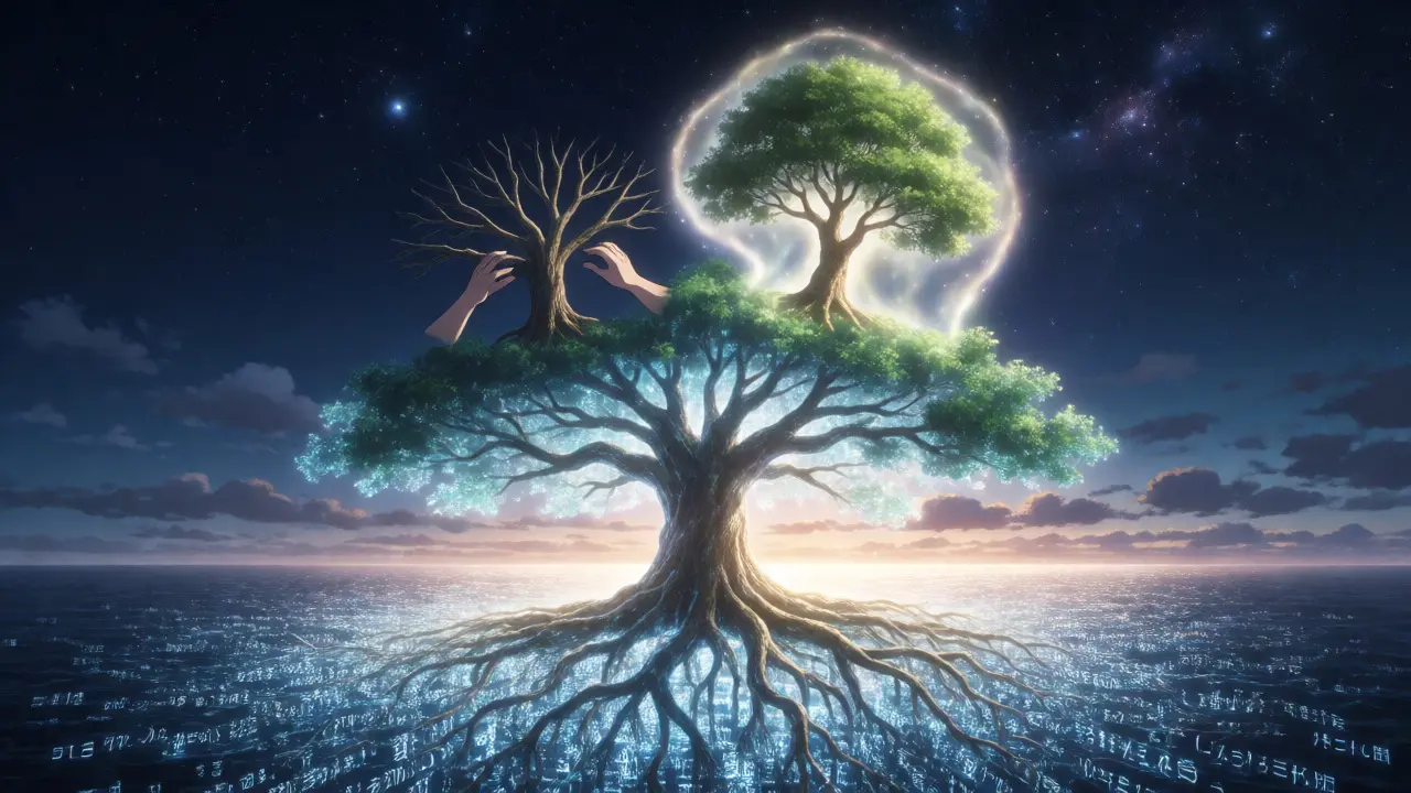 Arbre numérique symbolisant les trois phases d'entraînement d'un grand modèle de langage.