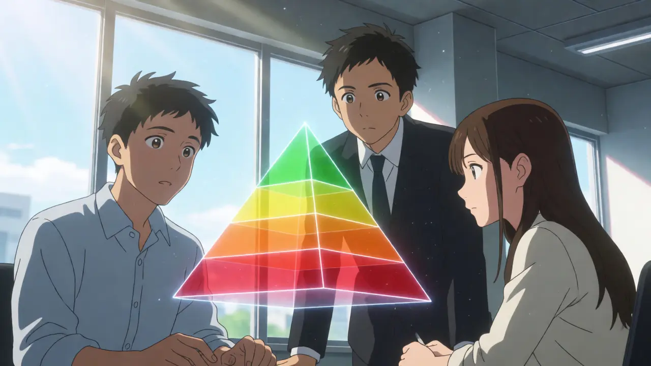 Équipe analysant une pyramide holographique des niveaux de risque de l'IA dans un bureau lumineux.