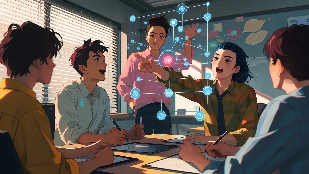 Équipe collaborative discutant d'un flux de travail IA complexe lors d'une réunion