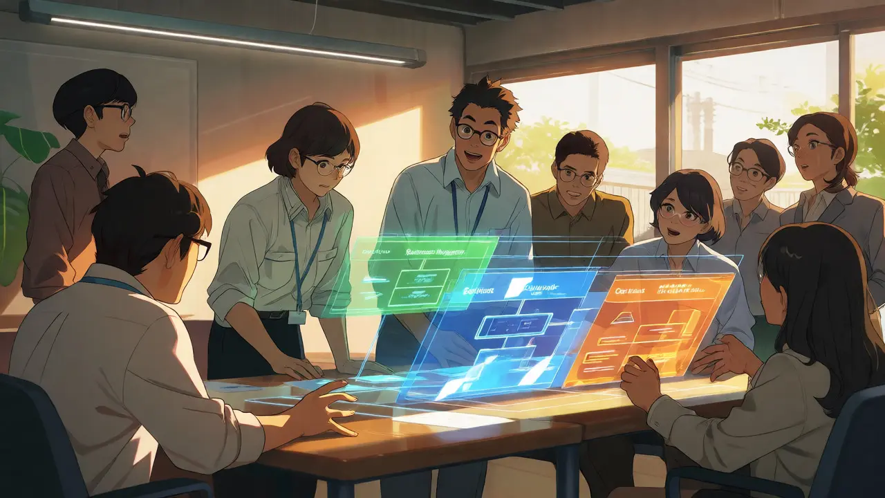 Équipe multidisciplinaire collaborant sur une architecture IA en couches holographiques.