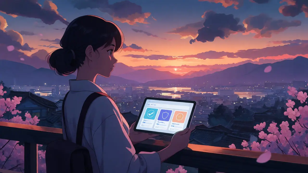 Héroïne anime sur un balcon au crépuscule tenant une tablette affichant des métriques clés d'évaluation d'agent.