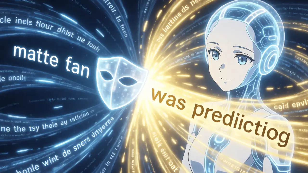 Illustration animée du masquage de mots avec une prédiction révélée par la lumière.