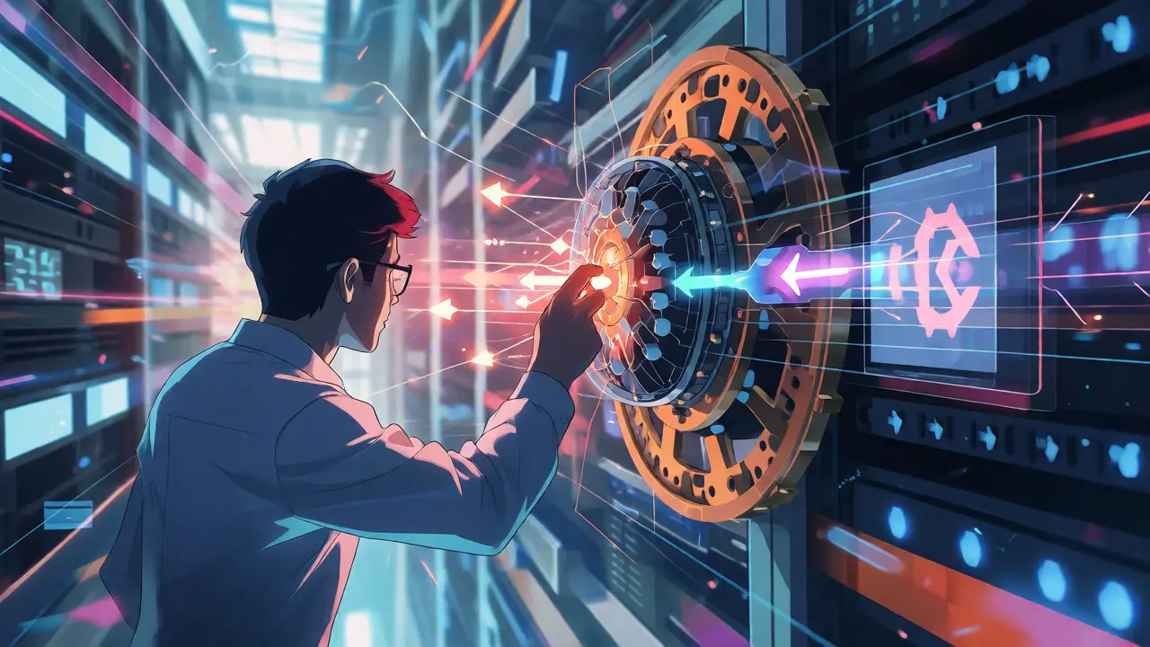 Ingénieur ajustant un moteur IA avec des boucles de rétroaction lumineuses dynamiques.