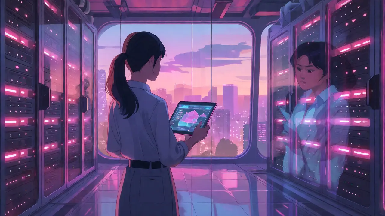Ingénieure confiante devant des serveurs futuristes aux lumières douces.