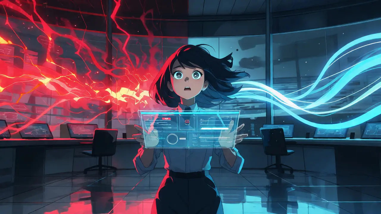 Ingénieure observant le contraste entre latence et fluidité sur un tableau holographique