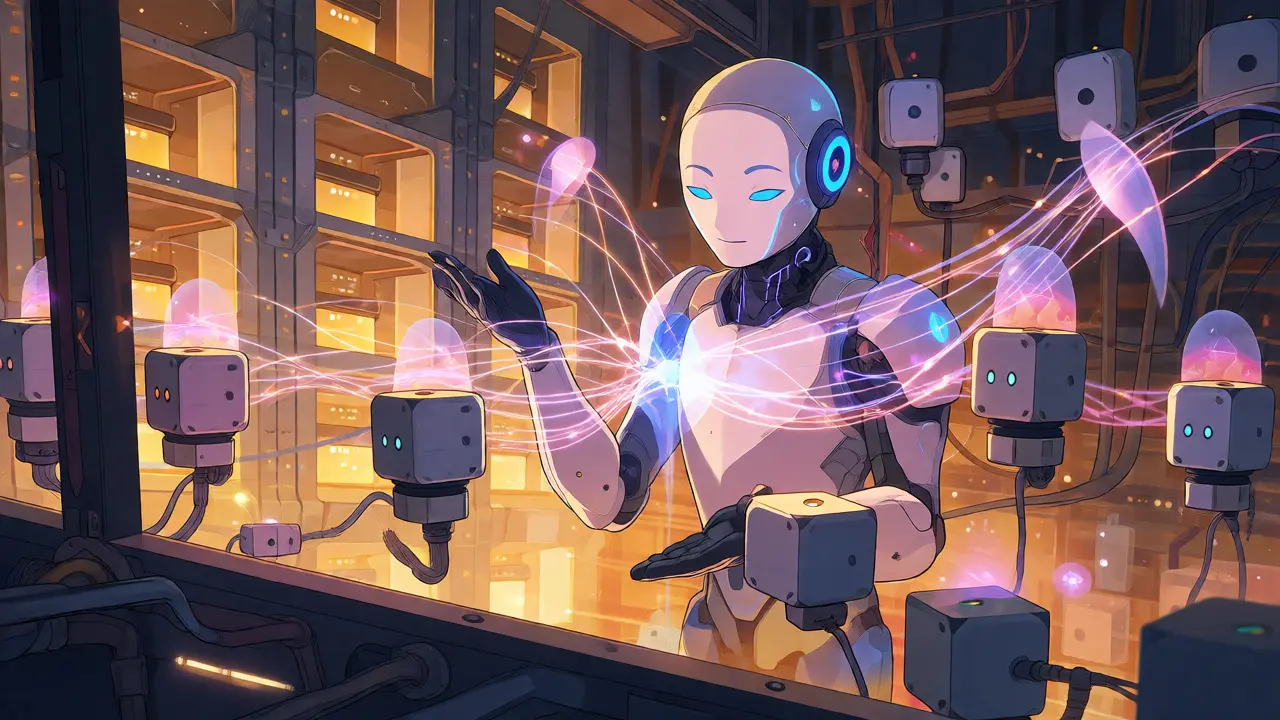 Scène interne montrant des sidecars du Service Mesh connectant les microservices avec des fils lumineux.