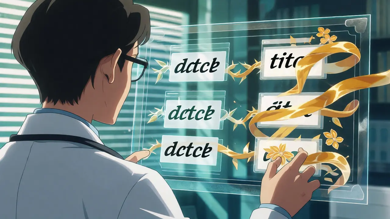 Une professionnelle médicale voit des scripts dangereux transformés en éléments décoratifs sur un affichage holographique.