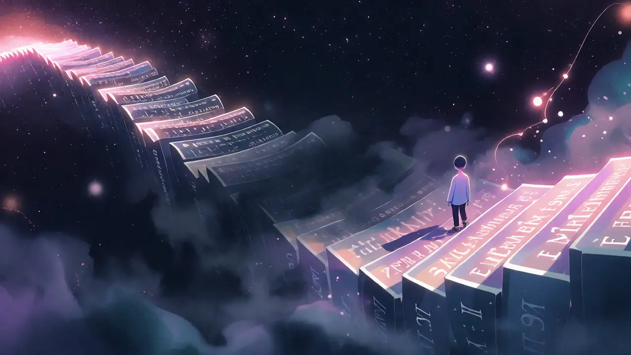 Visualisation du phénomène 'Lost in the Middle' avec un chemin lumineux dont le centre est brumeux.
