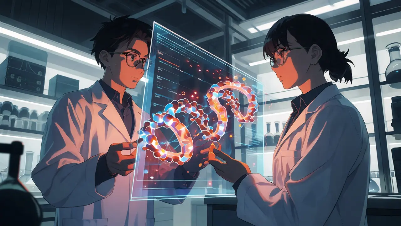 Chercheurs concevant une protéine 3D via une interface holographique futuriste.