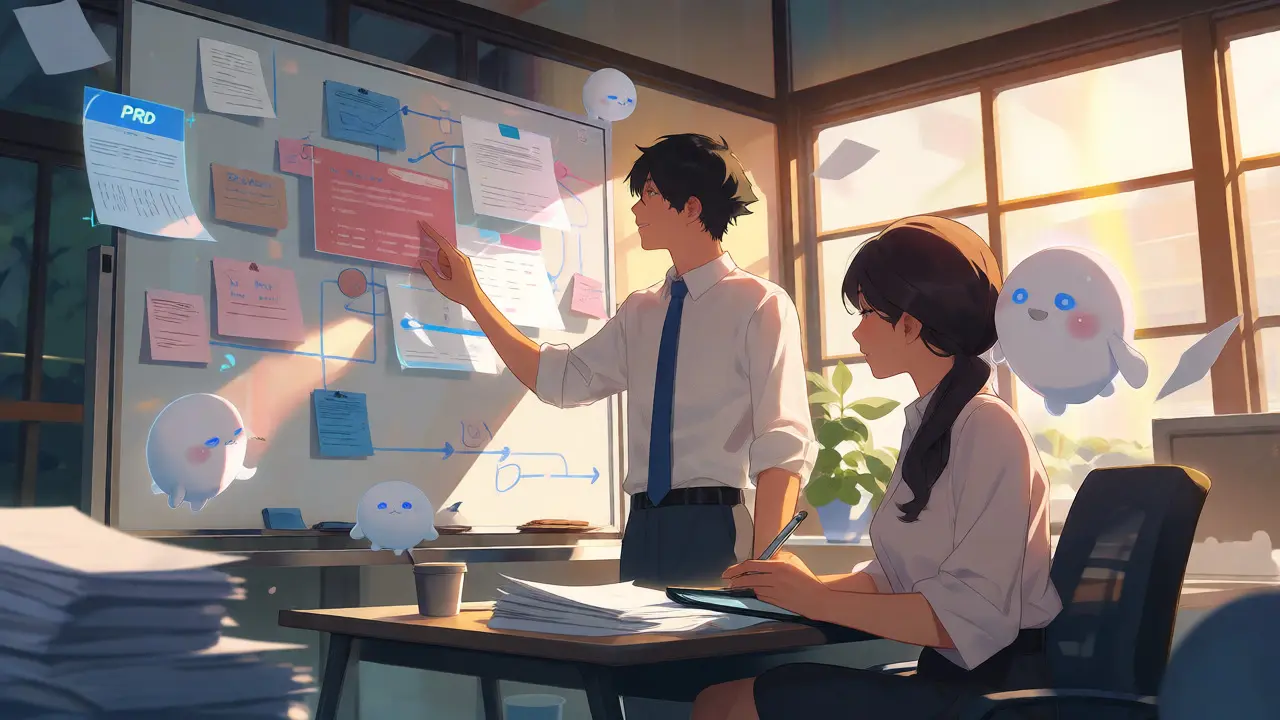 Collaboration calme autour d'un tableau blanc avec couches de documentation flottantes
