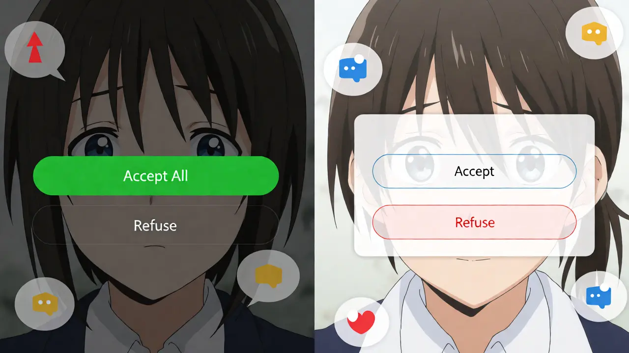 Comparaison visuelle entre un design trompeur et une interface de consentement transparente et symétrique.