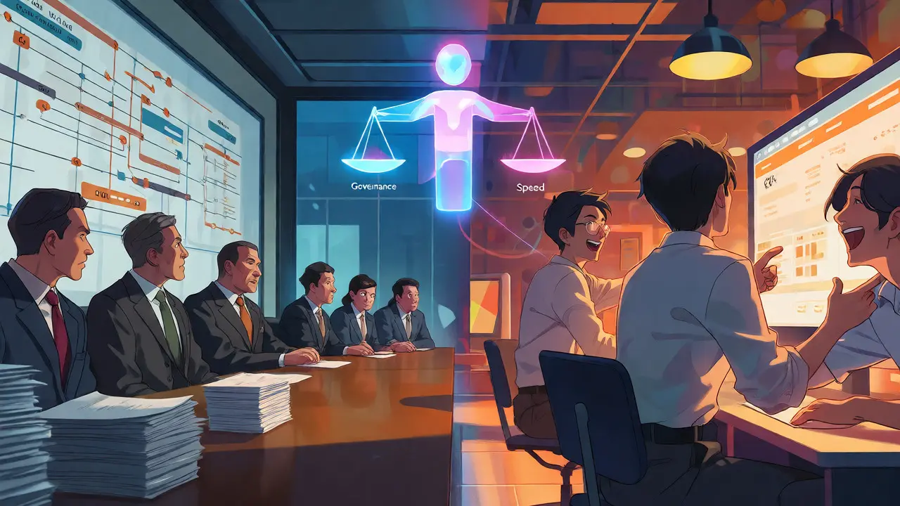 Contraste visuel entre une entreprise traditionnelle et une startup dynamique adoptant l'IA.