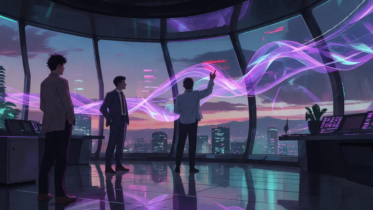 Des professionnels surveillant des flux de données holographiques dans une salle de contrôle futuriste.
