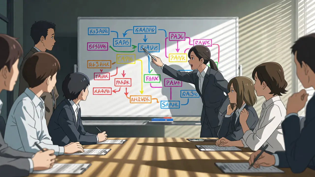Équipe juridique collaborant autour d'un tableau blanc lors d'une formation IA