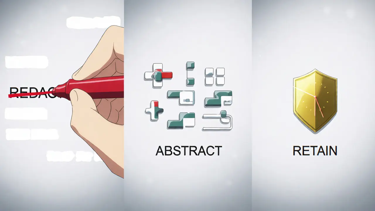 Illustration visuelle des stratégies REDACT, ABSTRACT et RETAIN sur les données.