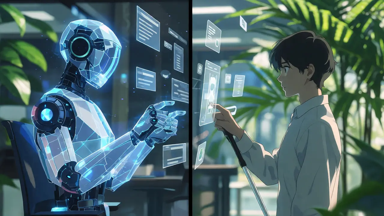 Interaction entre une IA et un utilisateur avec canne blanche sur une interface holographique.