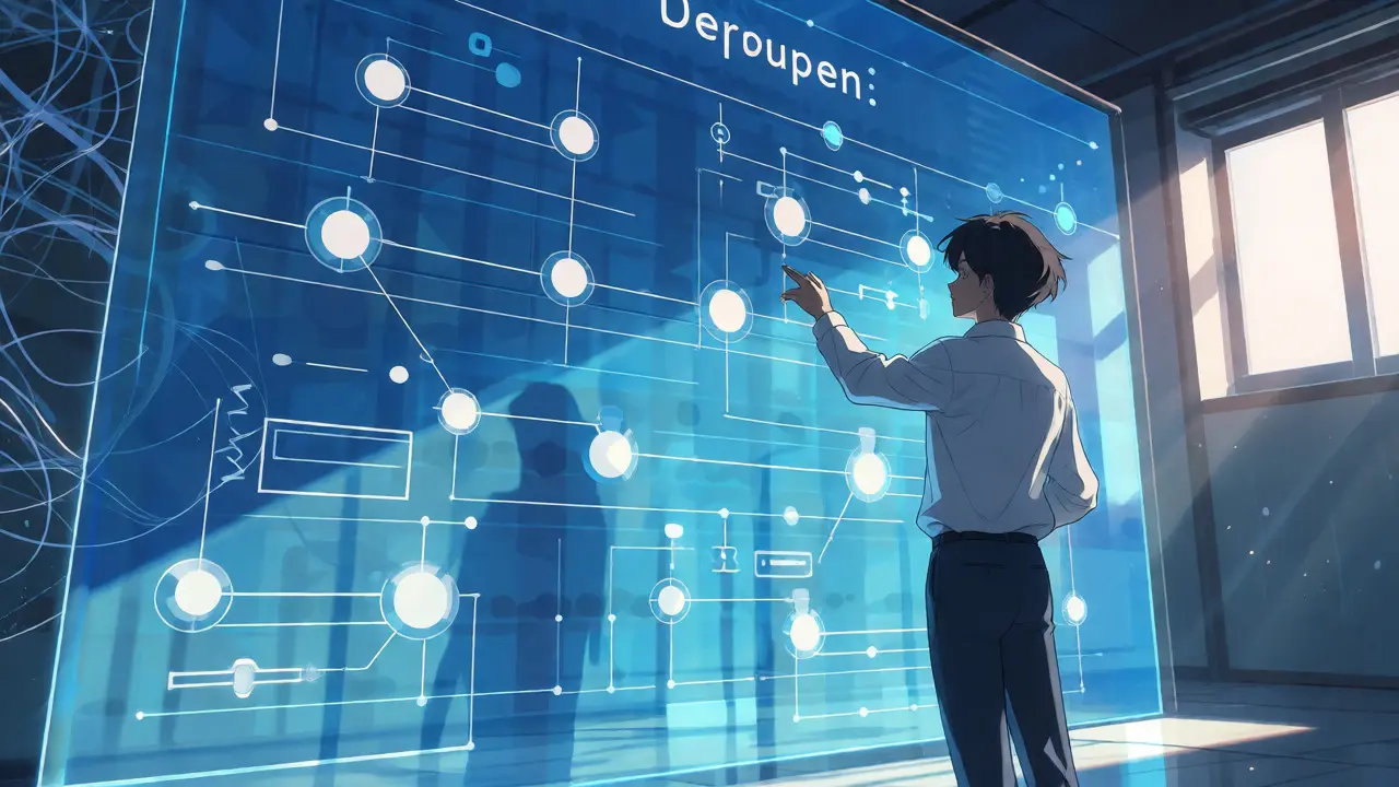 Personnage validant une spécification API ordonnée sur un mur numérique bleu.
