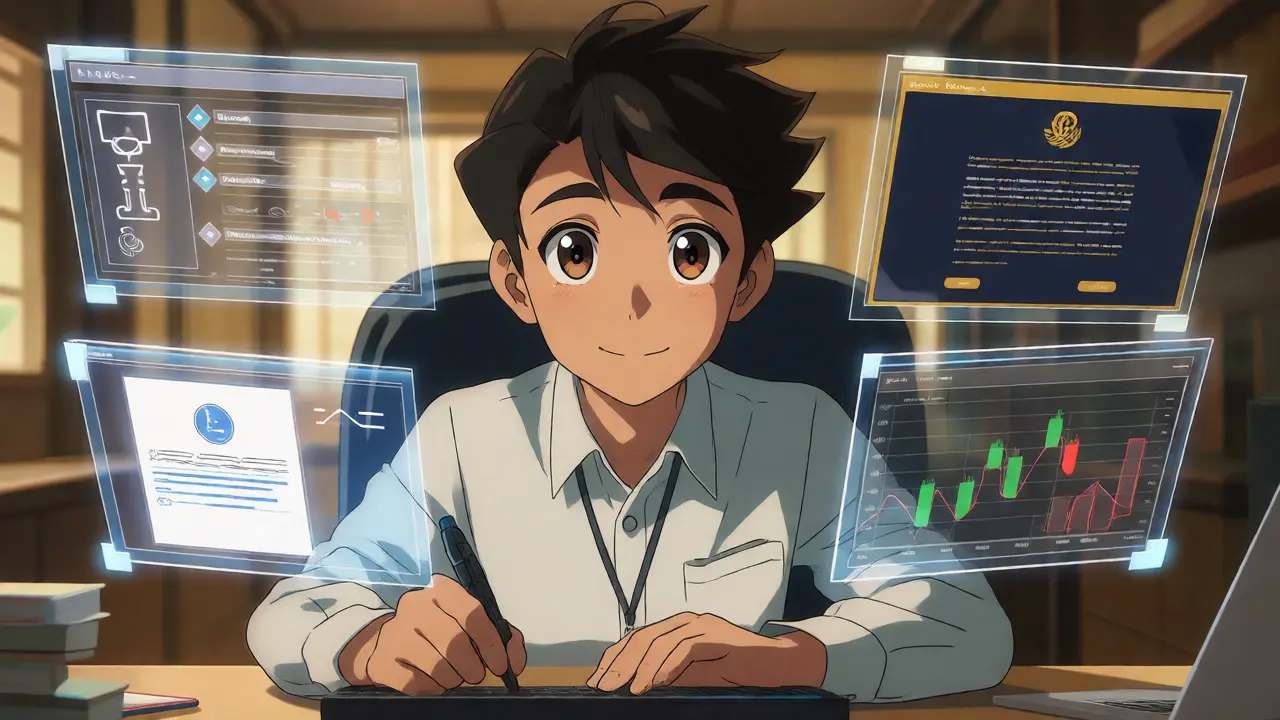 Portrait d'un développeur anime maîtrisant les interfaces d'adaptation IA pour trois secteurs.