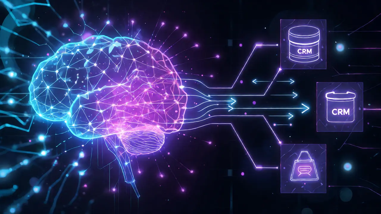 Représentation visuelle du cerveau d'une IA connectée à divers outils numériques.