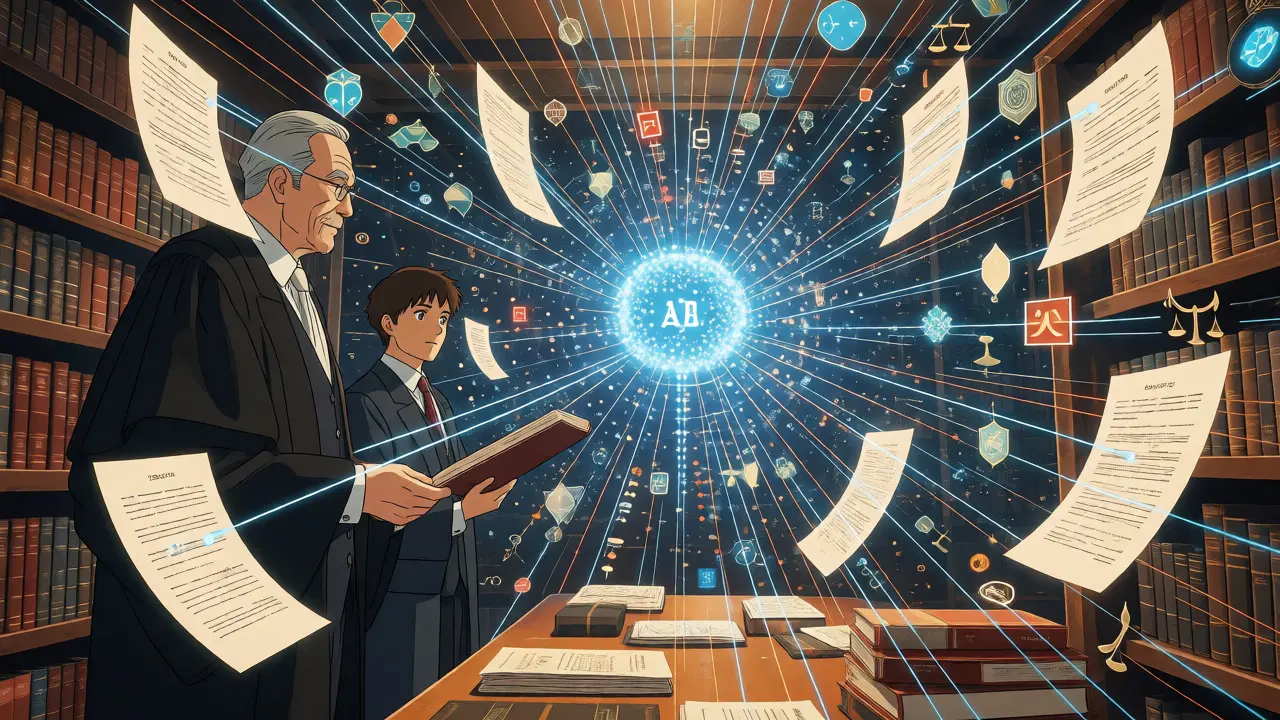 Transfert du savoir juridique vers l'IA illustré par des flux de données lumineux