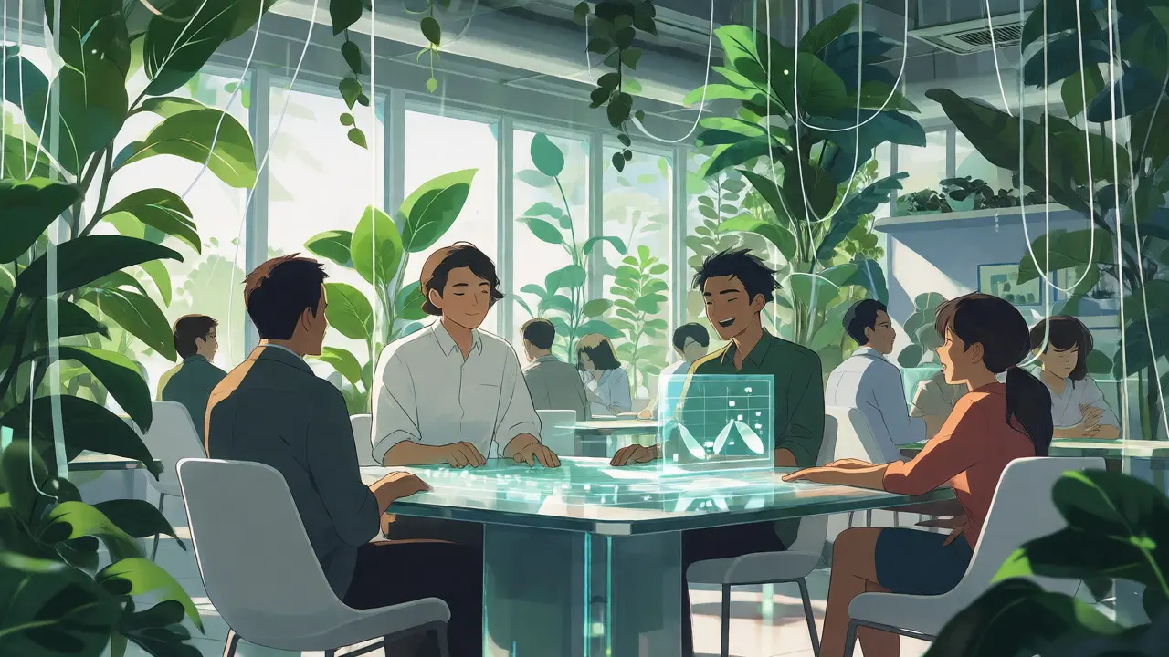 Une équipe détendue dans un bureau futuriste et verdoyant avec des graphiques d'économie.