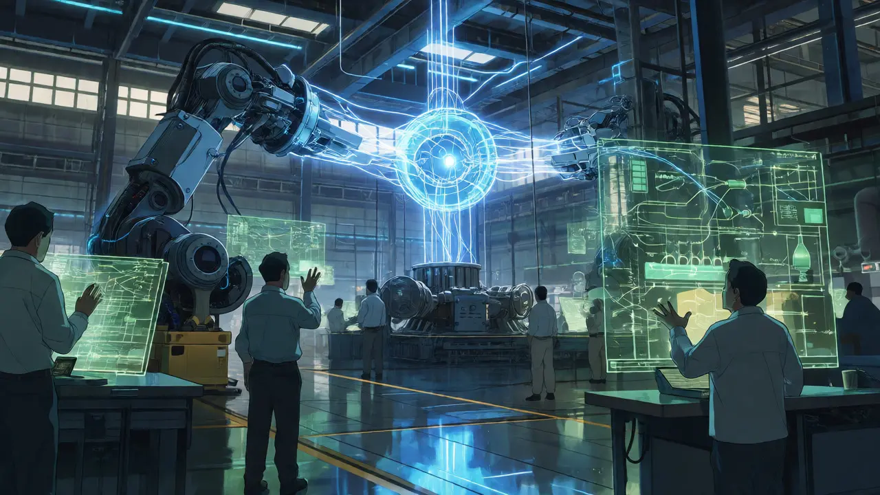 Une usine intelligente où l'IA utilise des règles métier validées pour la production.